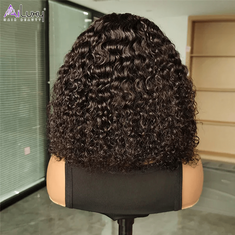 AILUXY Perruque Sans Colle 13x4 Lace Closure Perruque BOB Curly 200% densité 100% Cheveux humains comme sur la vidéo 2 - 3 jours reçus+Un beau cadeau