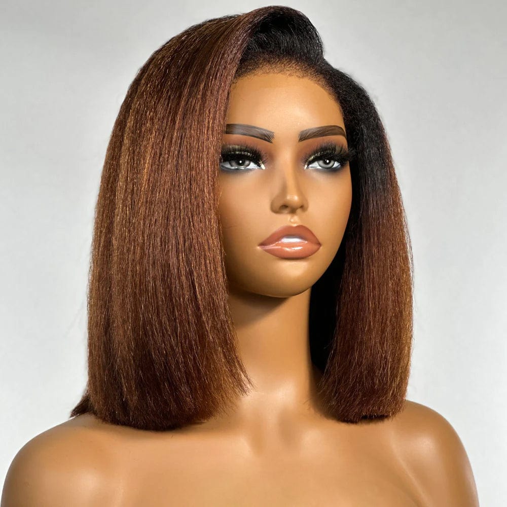 Sans colle AILUXY 1bT4 13x4 Lace Frontal Kinky Lisse Noir Bob Perruque 200% Densité 100% Cheveux Humains comme sur la vidéo 2 - 3 jours reçus+Un beau cadeau