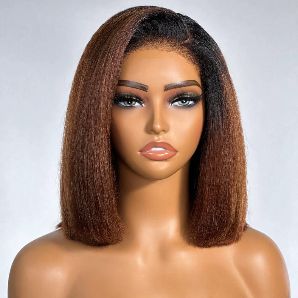 Sans colle AILUXY 1bT4 13x4 Lace Frontal Kinky Lisse Noir Bob Perruque 200% Densité 100% Cheveux Humains comme sur la vidéo 2 - 3 jours reçus+Un beau cadeau