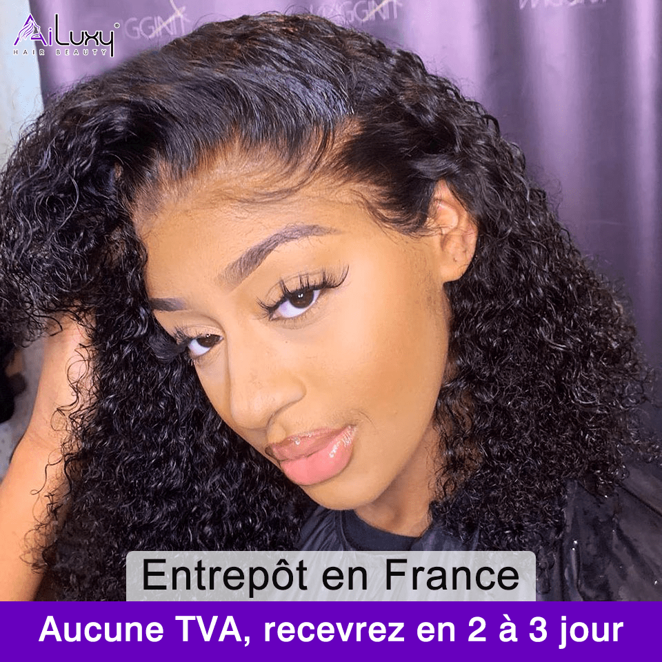 AILUXYhair 13x4 Lace Frontal Perruque Bouclée Bob Noir Perruque 200% densité 100% cheveux humains comme sur la vidéo 2 - 3 jours reçus+Un beau cadeau