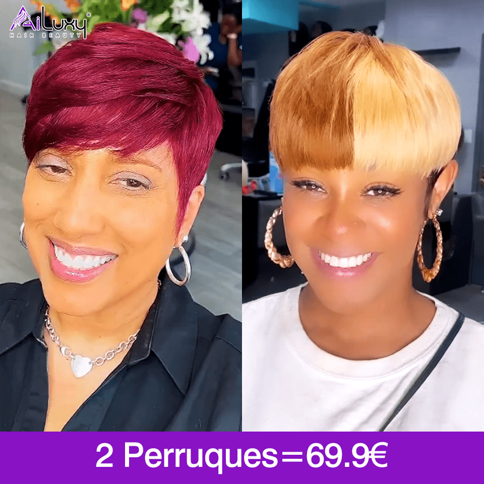 AILUXY Lisse Courte bicolore brun-doré et cerise Perruque 100% Cheveux Humains comme sur la vidéo 3 - 4 jours reçus+Un beau cadeau