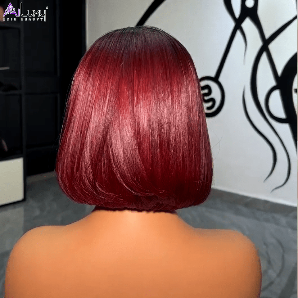 AILUXY 13x4 Lace Perruque Lisse Bob Perruque Courte 1B/99J 200% densité 100% cheveux humains comme sur la vidéo 2 - 3 jours reçus+Un beau cadeau