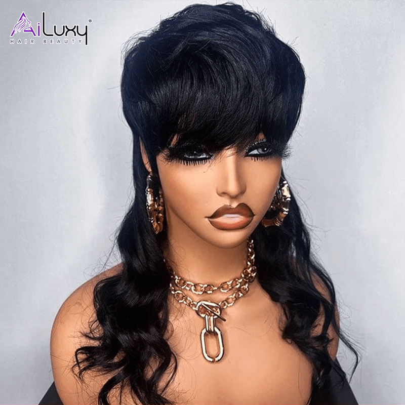 AILUXY Mulet Perruque 16pouces+Courte Noir Perruque 100% Cheveux Humains Je voudrais comme sur la vidéo Perruque Bang front wig 3 - 4 jours reçus+Un beau cadeau