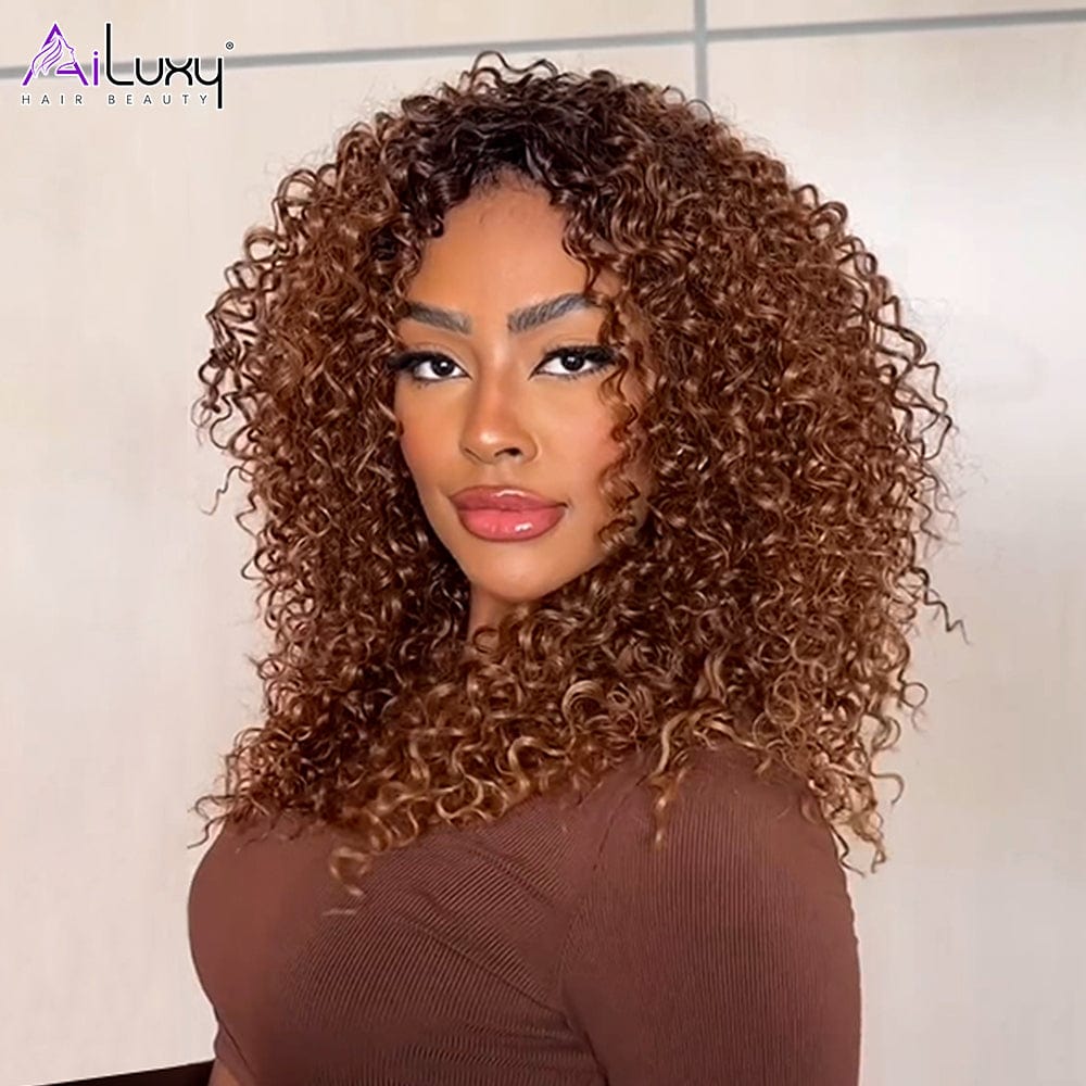 AILUXY 4X4 Lace Perruque Chocolat Brun 1B/30 Bouclé Bob Perruque 100% Cheveux Humains comme sur la vidéo 2 - 3 jours reçus+Un beau cadeau