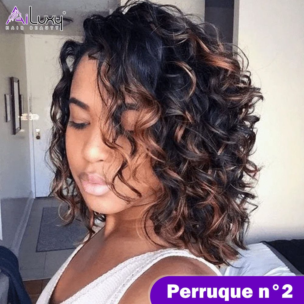 (Dernier Prix) AILUXY Perruque 13x4 Lace Closure Perruque BOB Curly 200% densité 100% Cheveux humains comme sur la vidéo 2 - 3 jours reçus+Un beau cadeau