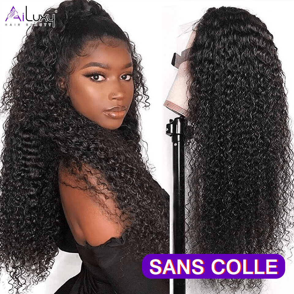 AILUXY Perruque Sans Colle 4x4 Lace Frontal Perruque Curly  180% densité Vrais Cheveux Humains