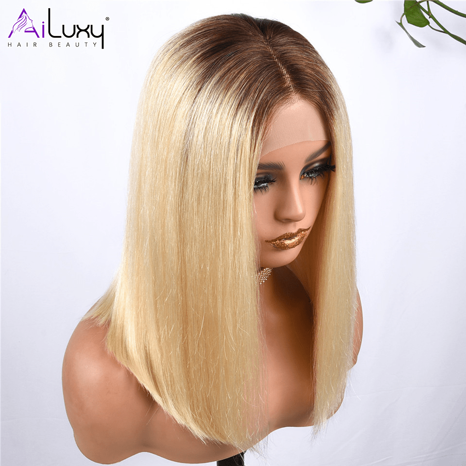 AILUXY 4x4 Lace Closure Blond Avec Racine Marron Lisse Courte Bob Perruque 100% Cheveux Humains