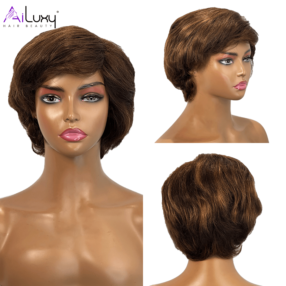 AILUXY Lisse Courte Noir Perruque 100% Cheveux Humains 5306