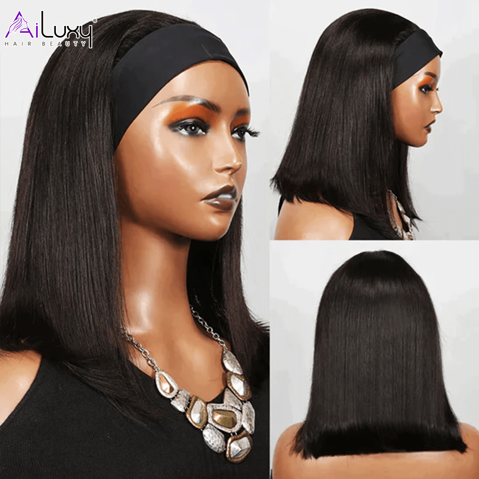 AILUXY Perruque Bandeau Lisse Longue Noir Perruque 100% Cheveux Humains Densité 200%