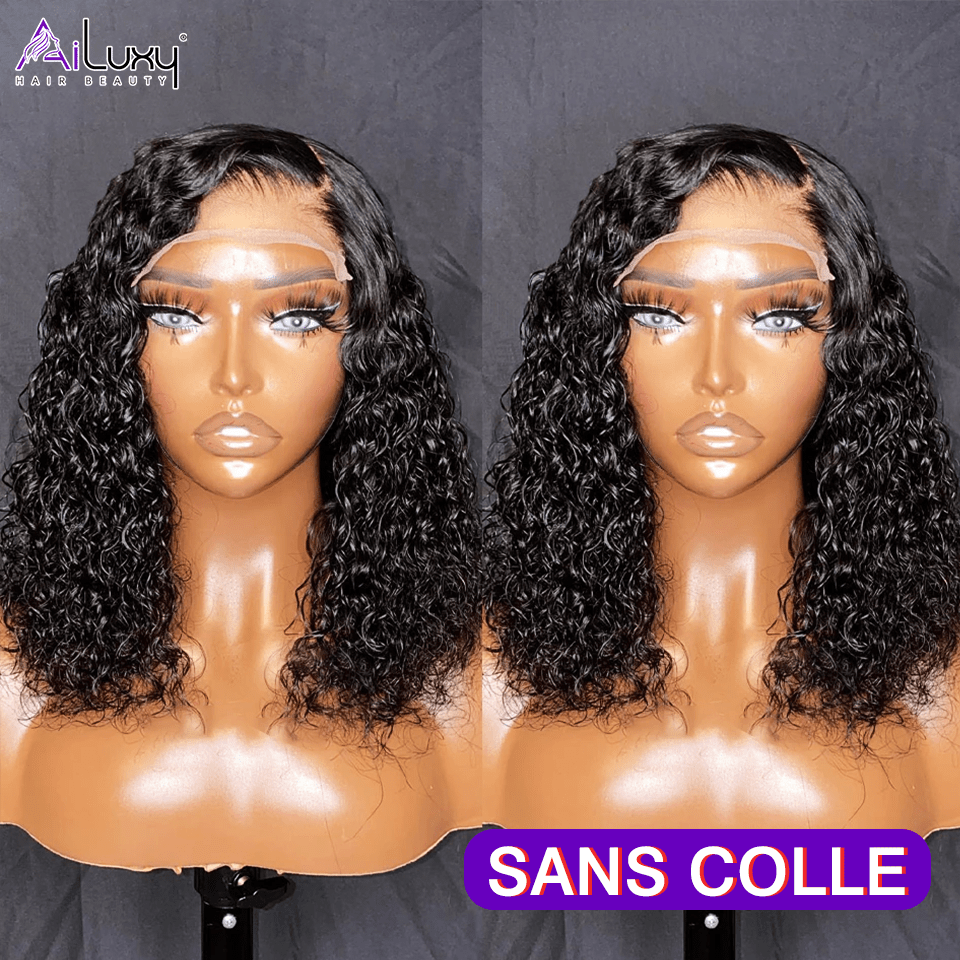 AILUXY Perruque Sans Colle 4x4 Lace Closure Perruque BOB Curly 200% densité 100% Cheveux humains