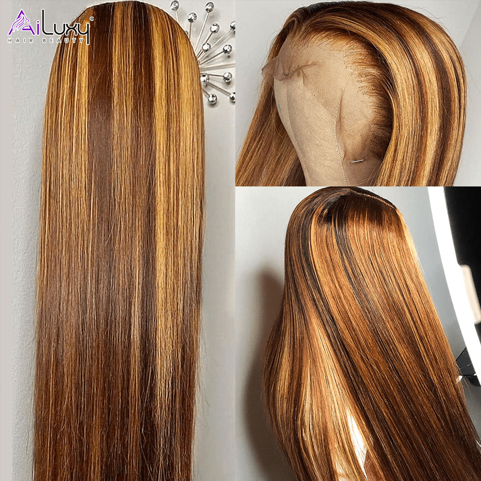 AILUXY perruque sans colle 13x4 Lace Frontal Lisse Longue Brun Balayage Miel #4#27 Perruque 100% Cheveux Humains