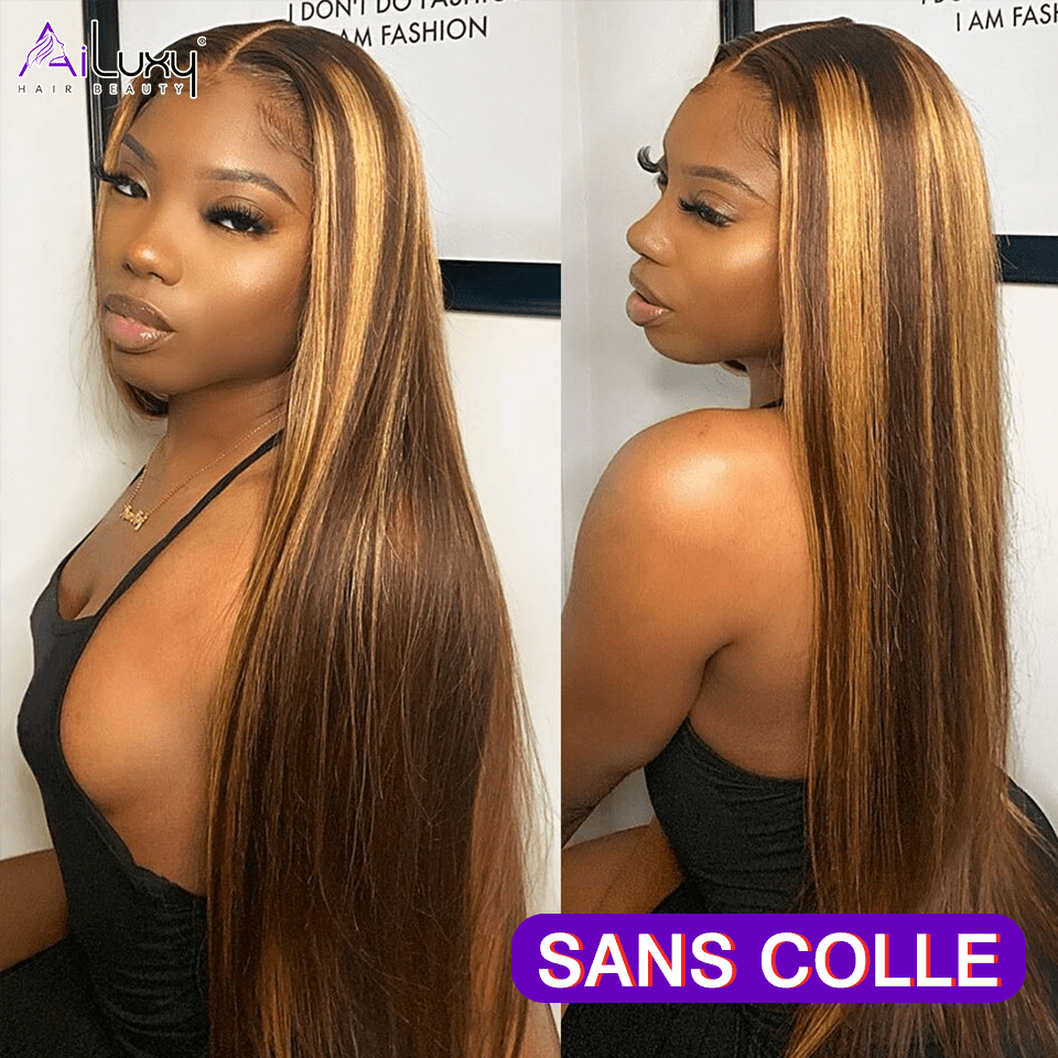 Copy of AILUXY perruque sans colle 13x4 Lace Frontal Lisse Longue Brun Balayage Miel #4#27 Perruque 100% Cheveux Humains