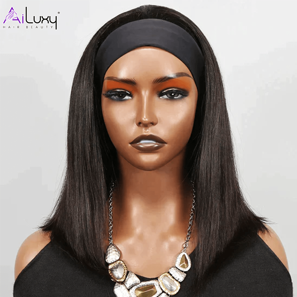 AILUXY Perruque Bandeau Lisse Longue Noir Perruque 100% Cheveux Humains Densité 200%