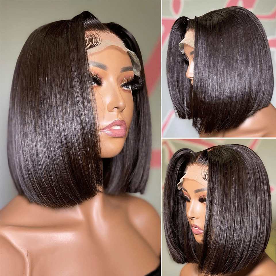 AILUXY 4x4 Lace Perruque Lisse Bob Perruque Courte Noire 200% densité 100% cheveux humains