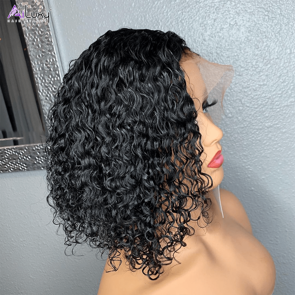 AILUXYhair 13x4 Lace Frontal Perruque Bouclée Bob Noir Perruque 200% densité 100% cheveux humains comme sur la vidéo 2 - 3 jours reçus+Un beau cadeau