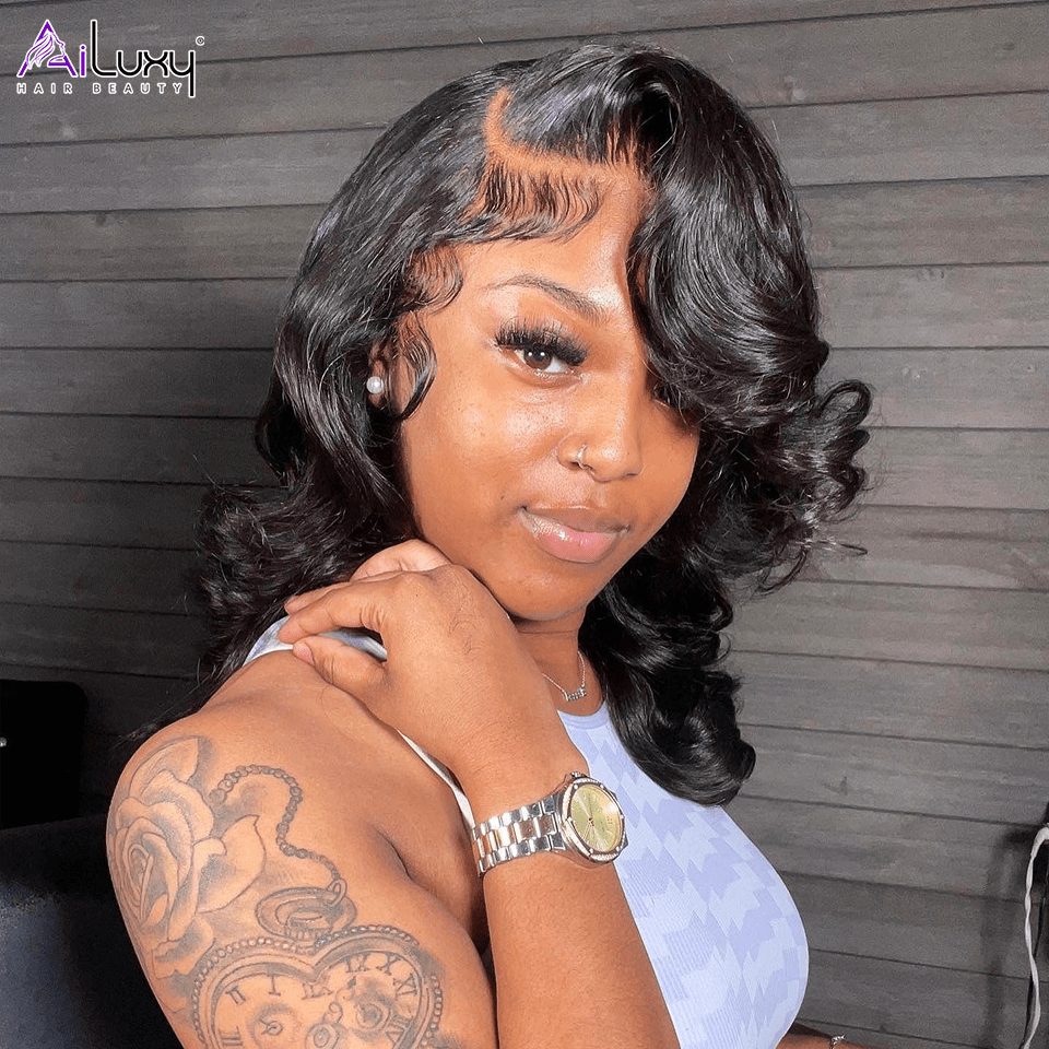 AILUXY Perruque Sans Colle 4x4 Lace Closure Perruque BOB Body Wavy 200% densité 100% Cheveux humains perruque naturelle invisible