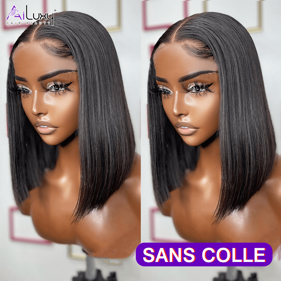 AILUXY Perruque Sans Colle 13x4 Lace Closure Perruque BOB Perruque Lisse 200% densité 100% Cheveux humains comme sur la vidéo 2 - 3 jours reçus+Un beau cadeau