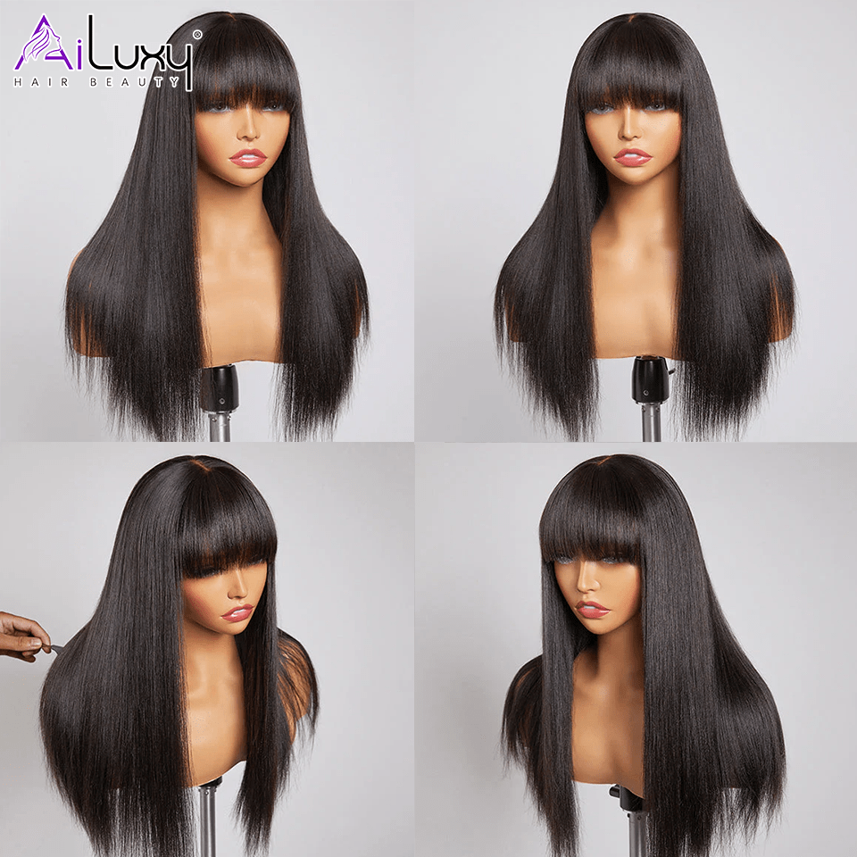 AILUXY Perruque 100% fabriqué à la machine Lisse Longue Noir Perruque 100% Cheveux Humains