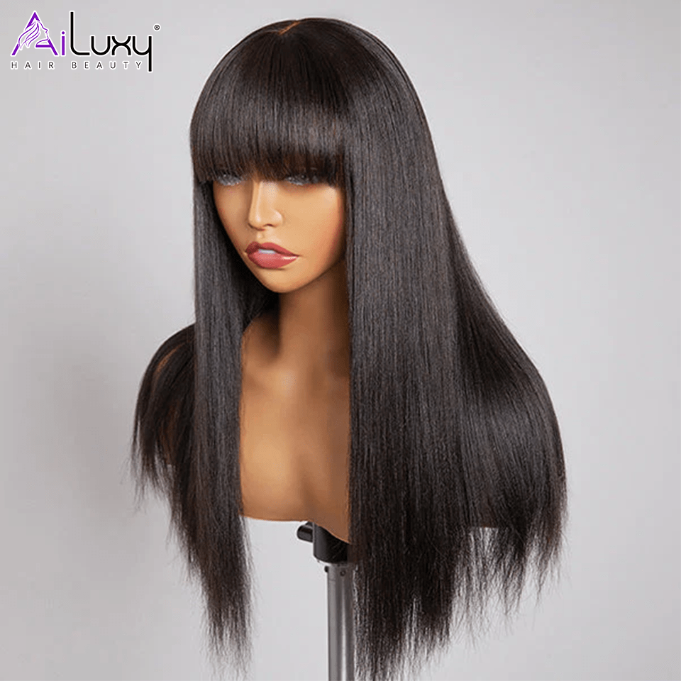 AILUXY Perruque 100% fabriqué à la machine Lisse Longue Noir Perruque 100% Cheveux Humains