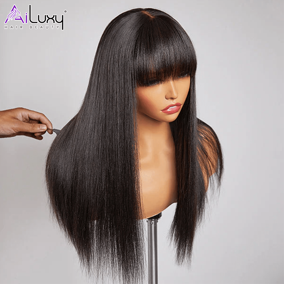 AILUXY Perruque 100% fabriqué à la machine Lisse Longue Noir Perruque 100% Cheveux Humains