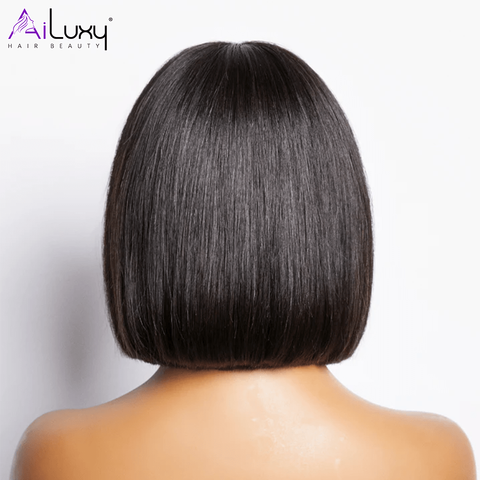 AILUXY Lisse Noir Bob Perruque Avec Frange 100% Cheveux Humains