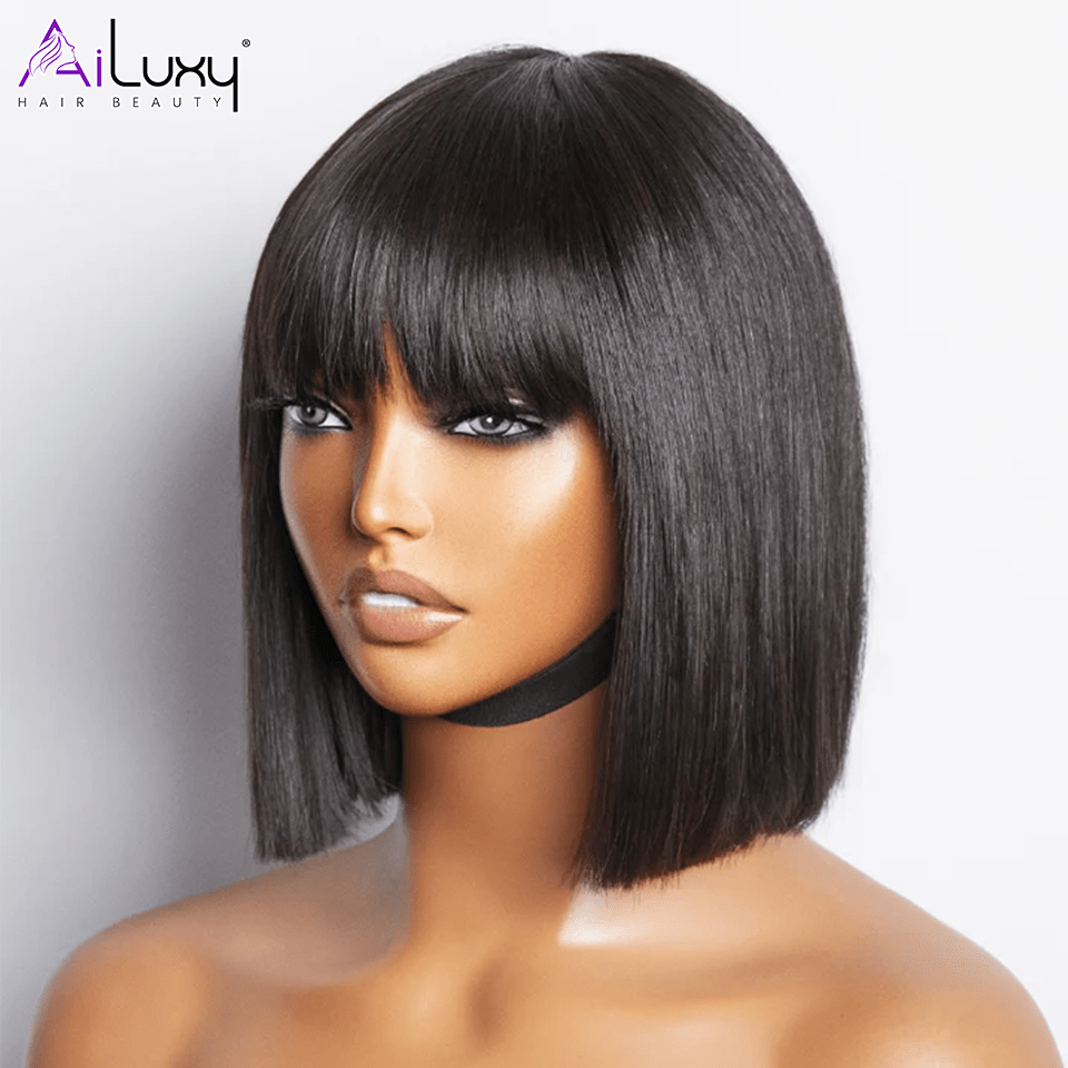 AILUXY Lisse Noir Bob Perruque Avec Frange 100% Cheveux Humains