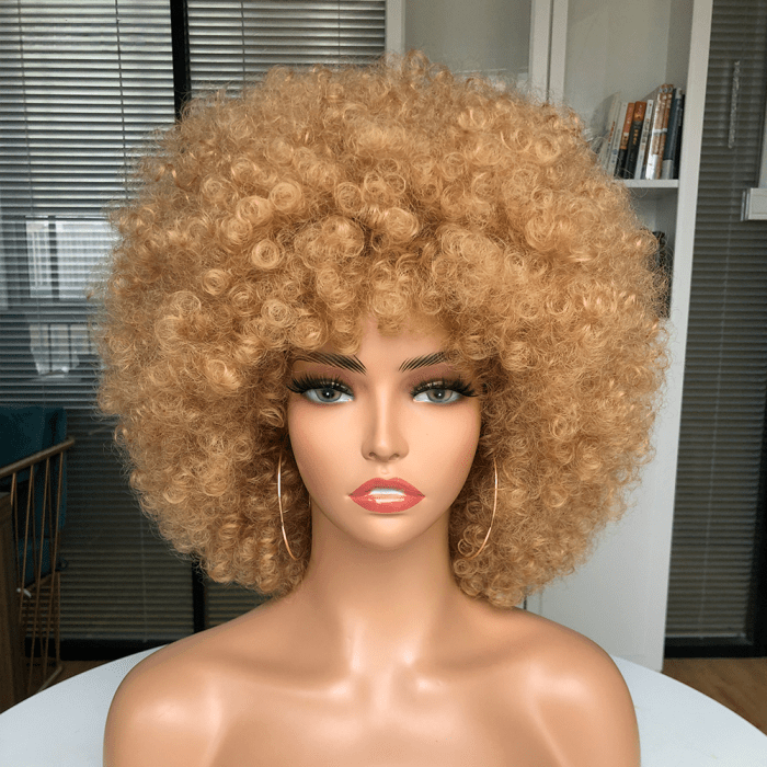 AILUXY Châtain Afro Curl Courte Perruque 100% Cheveux Humains