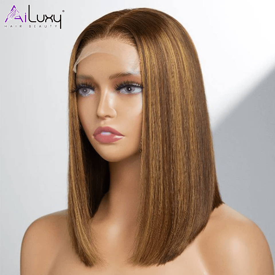 AILUXY 13x4 Lace Frontal Brun Balayage Miel Lisse Courte Bob Perruque 100% Cheveux Humains