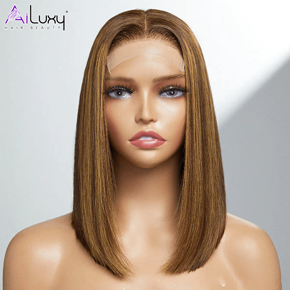 AILUXY 13x4 Lace Frontal Brun Balayage Miel Lisse Courte Bob Perruque 100% Cheveux Humains