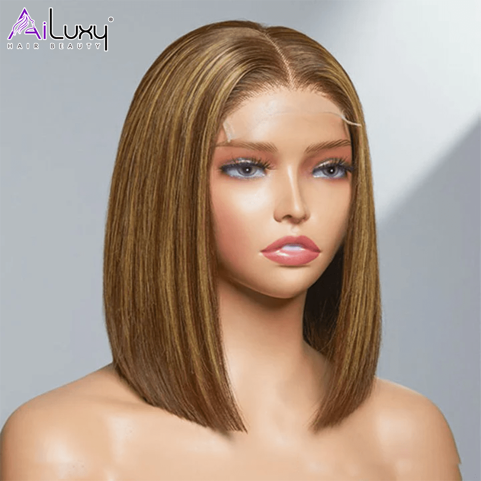 AILUXY 13x4 Lace Frontal Brun Balayage Miel Lisse Courte Bob Perruque 100% Cheveux Humains