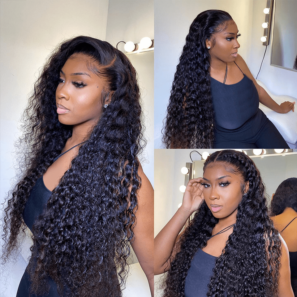 AILUXY Perruque Sans Colle 13x6 Lace Frontal Perruque Deep Wave  200% densité Vrais Cheveux Humains