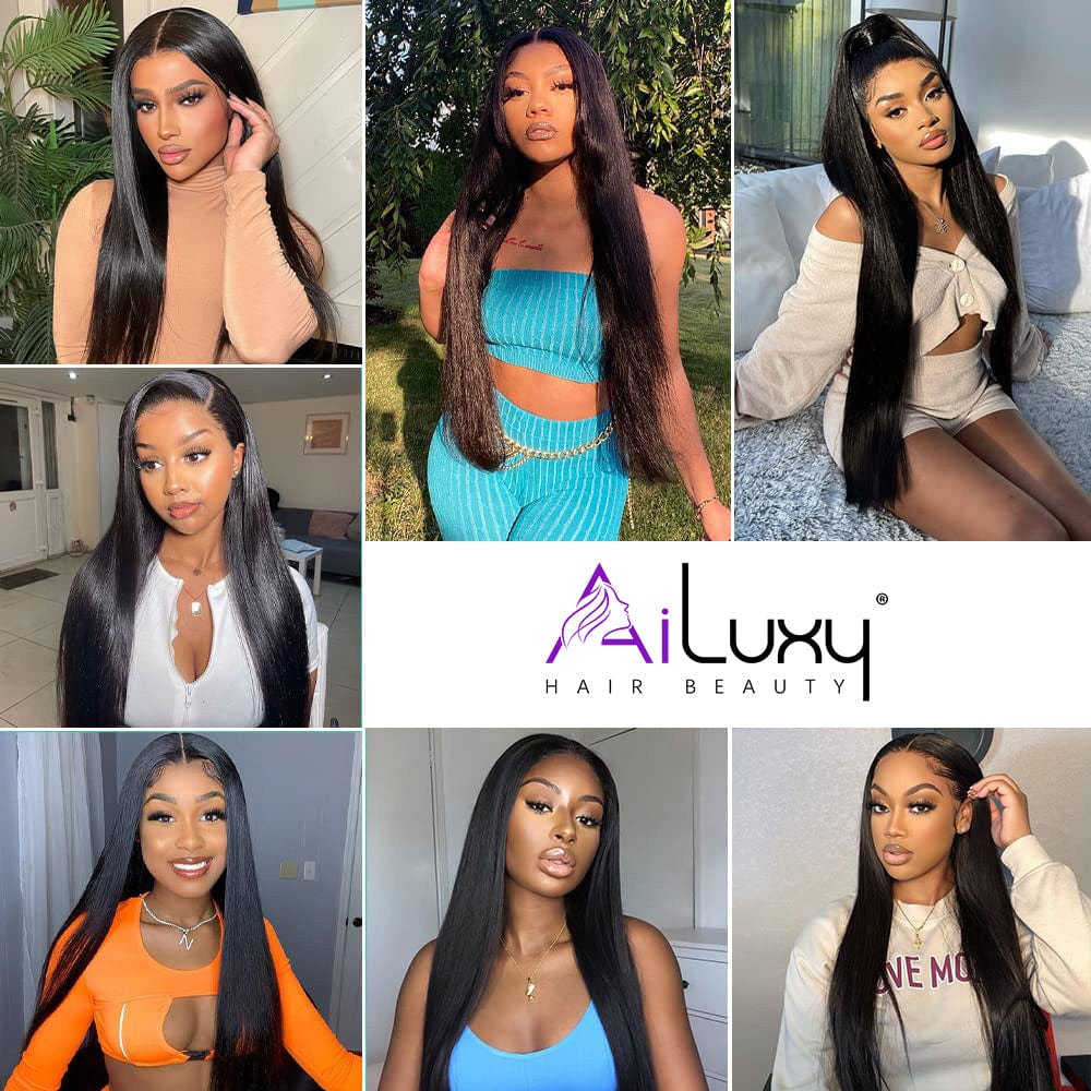 AILUXY Perruque Sans Colle 200%Densité 13x6 Lace Frontal Lisse Perruque  200% densité Vrais Cheveux Humains