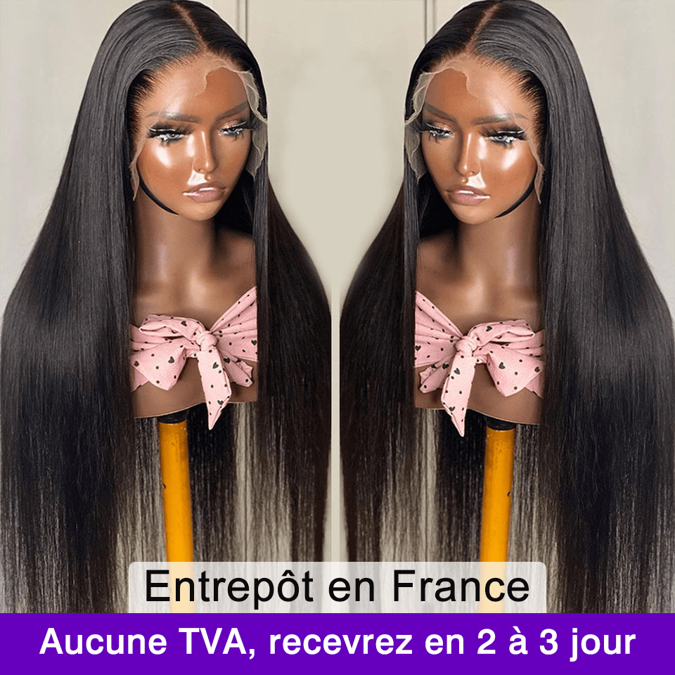 AILUXY 13x4 Lace Frontal Perruque Lisse Longue Noir 200% Densité 100% Cheveux Humains