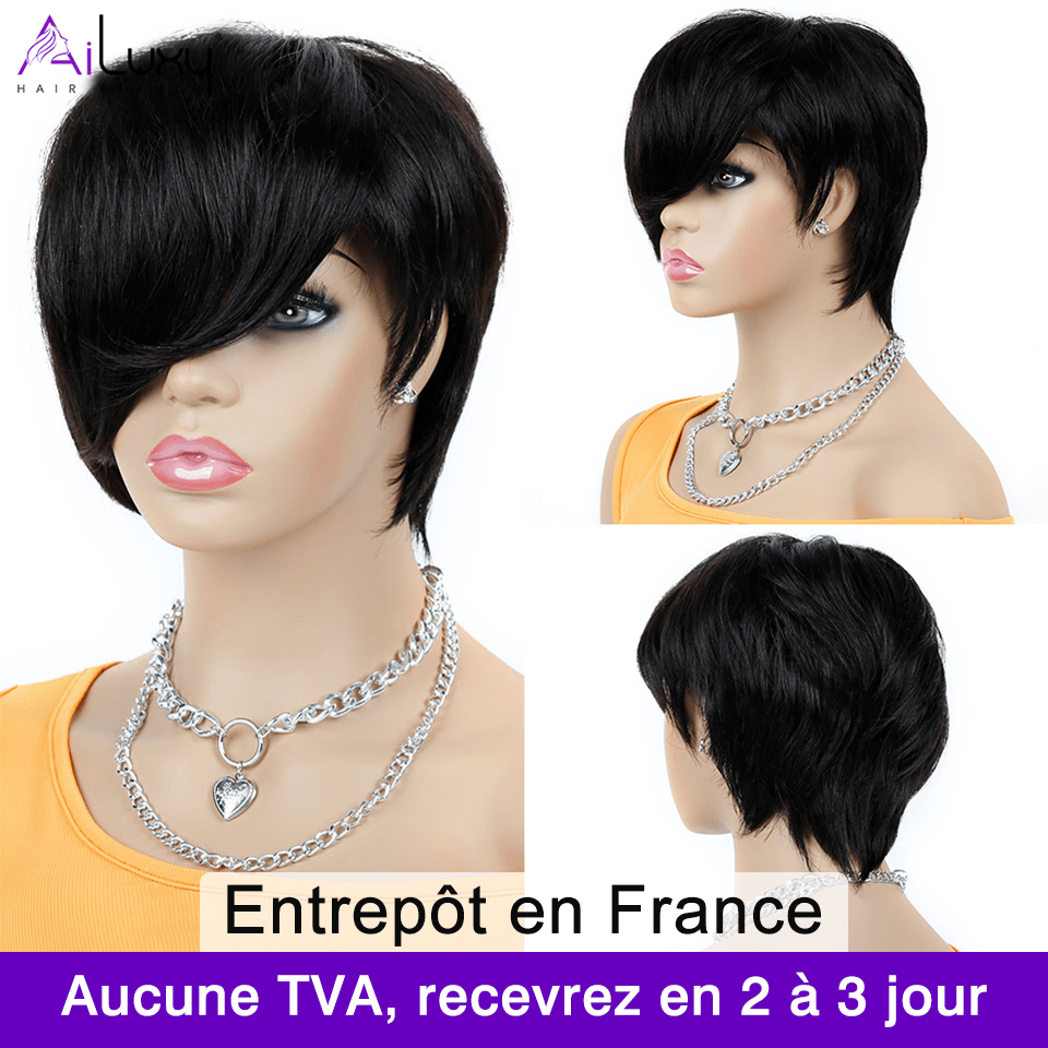 AILUXY Lisse Courte Noir Perruque 100% Cheveux Humains comme sur la vidéo 2 - 3 jours reçus+Un beau cadeau