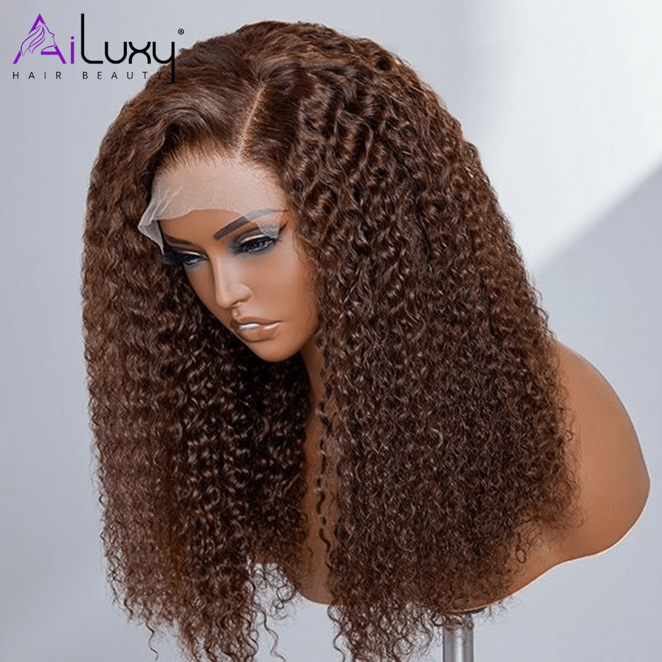 AILUXY 4x4 Lace Closure Bouclé Marron Bob Perruque 100% Cheveux Humains