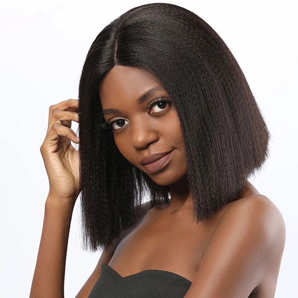 Sans colle AILUXY 13x4 Lace Frontal Kinky Lisse Noir Bob Perruque 200% Densité 100% Cheveux Humains