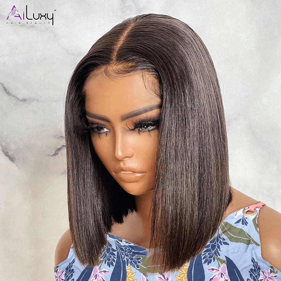 AILUXY Perruque Sans Colle 13x4 Lace Closure Perruque BOB Perruque Lisse 200% densité 100% Cheveux humains comme sur la vidéo 2 - 3 jours reçus+Un beau cadeau