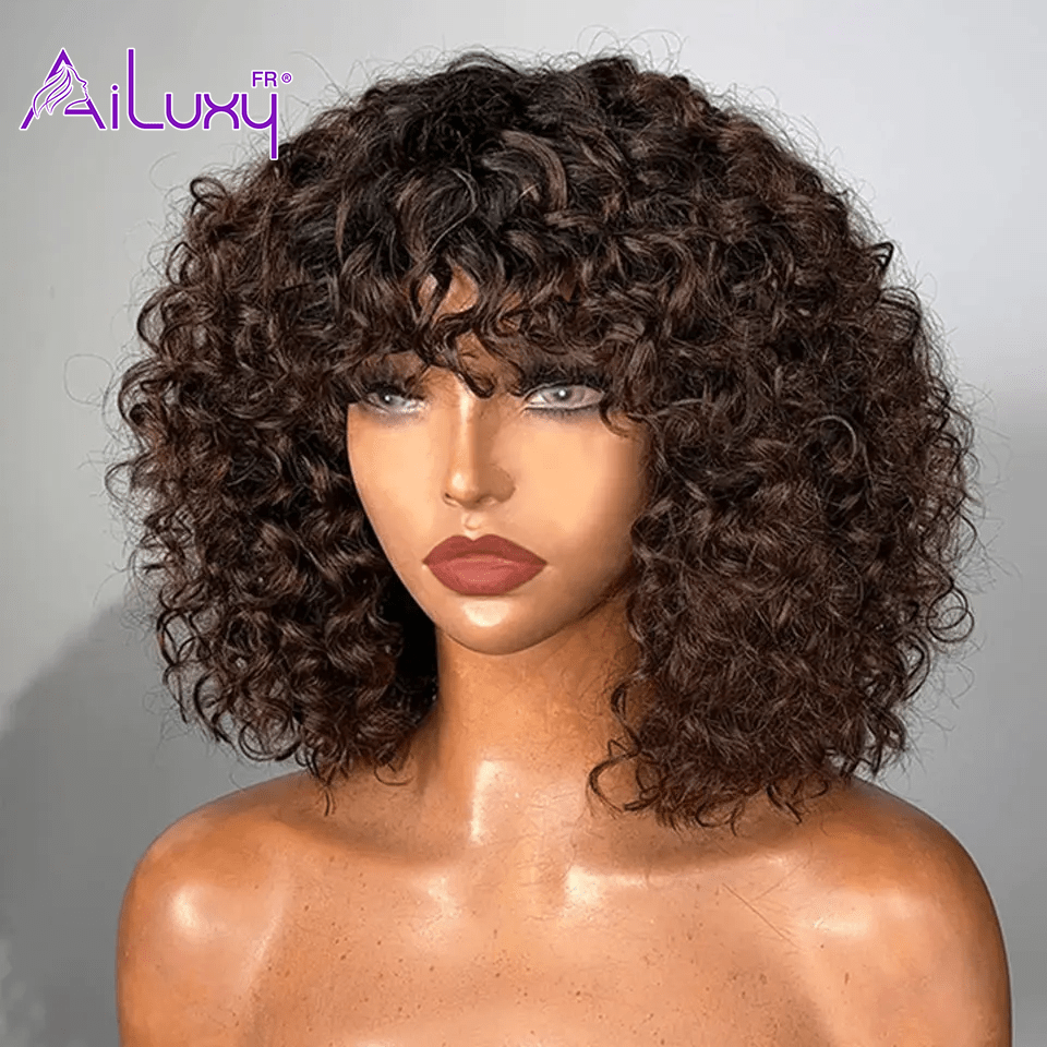 AILUXYhair Curly 1b4 Courte Perruque 100% Cheveux Humains 200% densité 100% cheveux humains