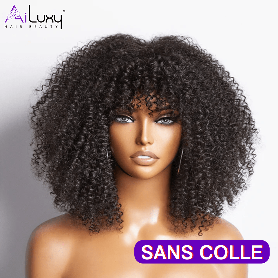 AILUXY Curly Noir Bob Perruque Avec Frange 100% Cheveux Humains 14 pouces