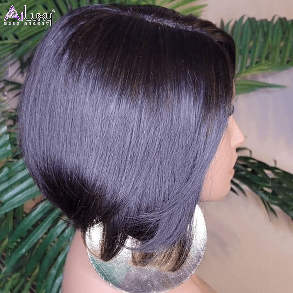 AILUXY 4x4 Lace Perruque Lisse Bob Perruque Courte Noire 200% densité 100% cheveux humains