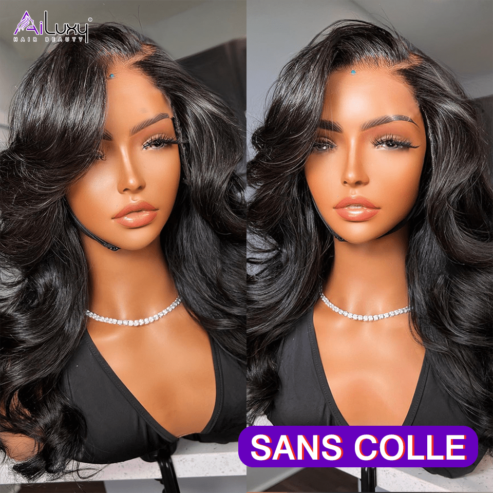 AILUXY Perruque Sans Colle 4x4 Lace Closure Perruque BOB Body Wavy 200% densité 100% Cheveux humains perruque naturelle invisible