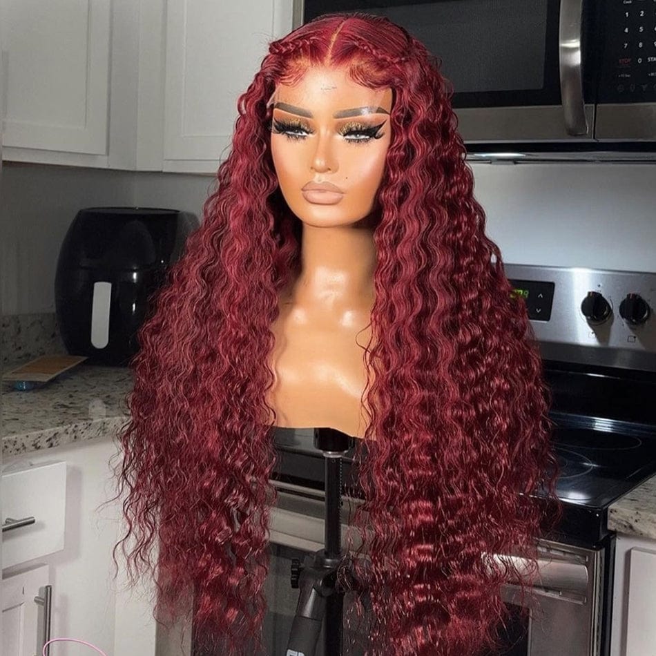 AILUXY 13x4 Lace Frontal 99J Bourgogne Deep Wave Longue Perruque 100% Cheveux Humains