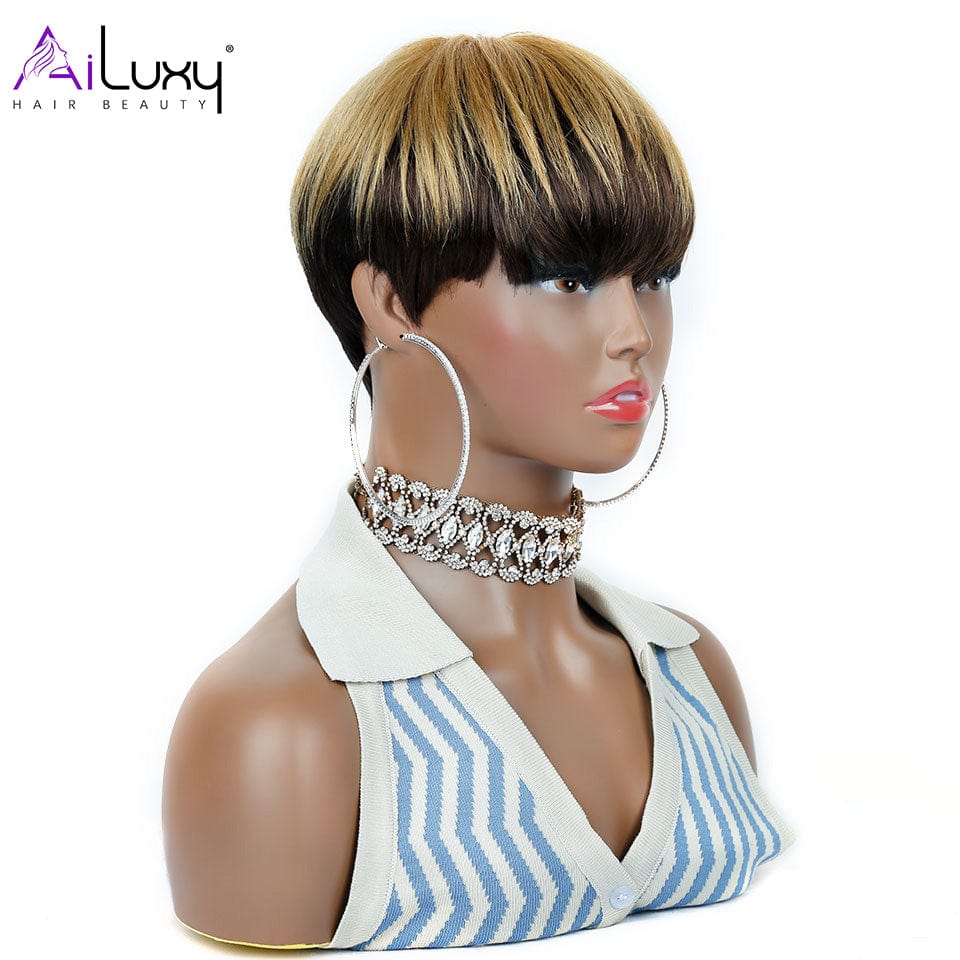 AILUXY Lisse Courte 1B27# Perruque 100% Cheveux Humains