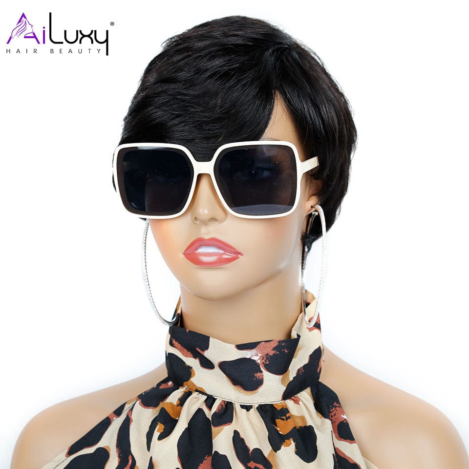 AILUXY Lisse Courte Noir Perruque 100% Cheveux Humains HC-026