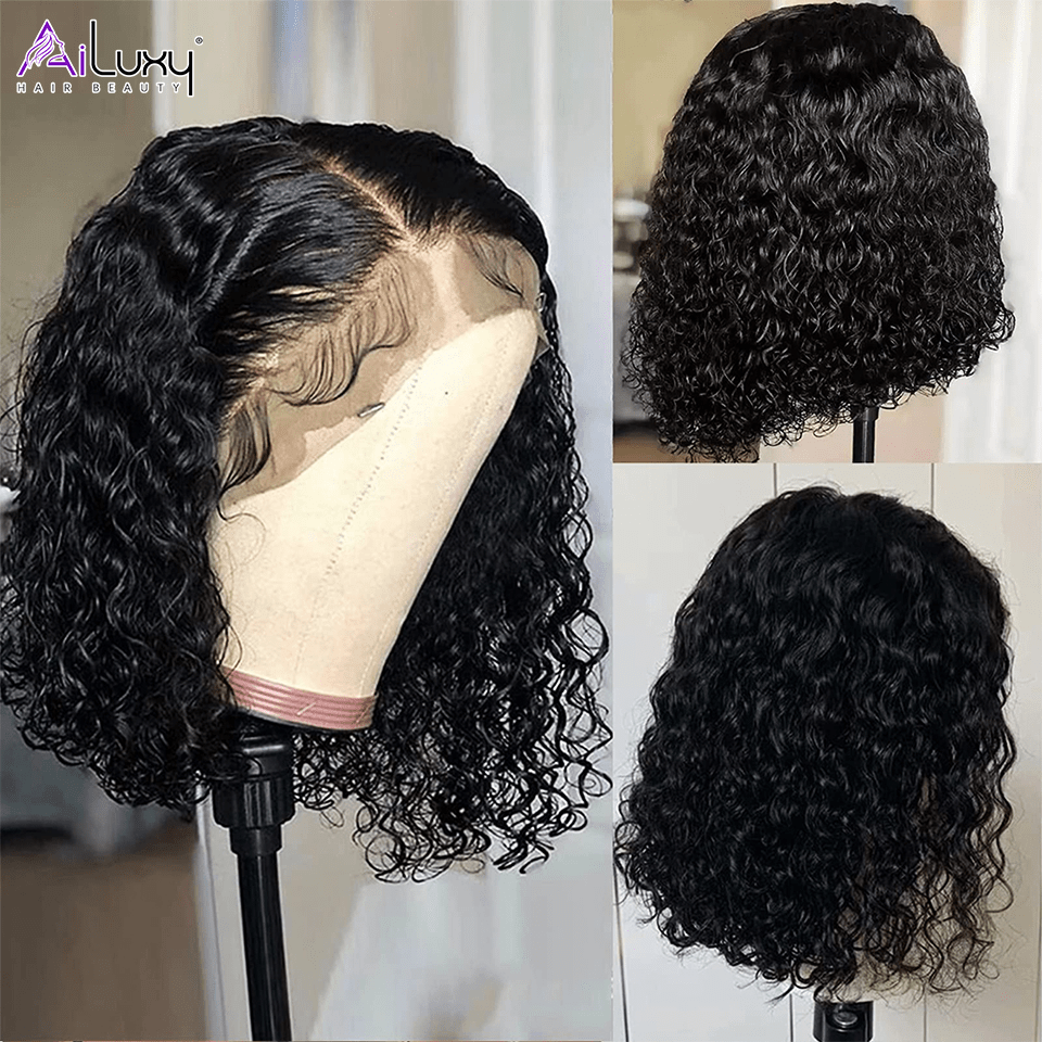 AILUXY Perruque Sans Colle 4x4 Lace Closure Perruque BOB Curly 200% densité 100% Cheveux humains