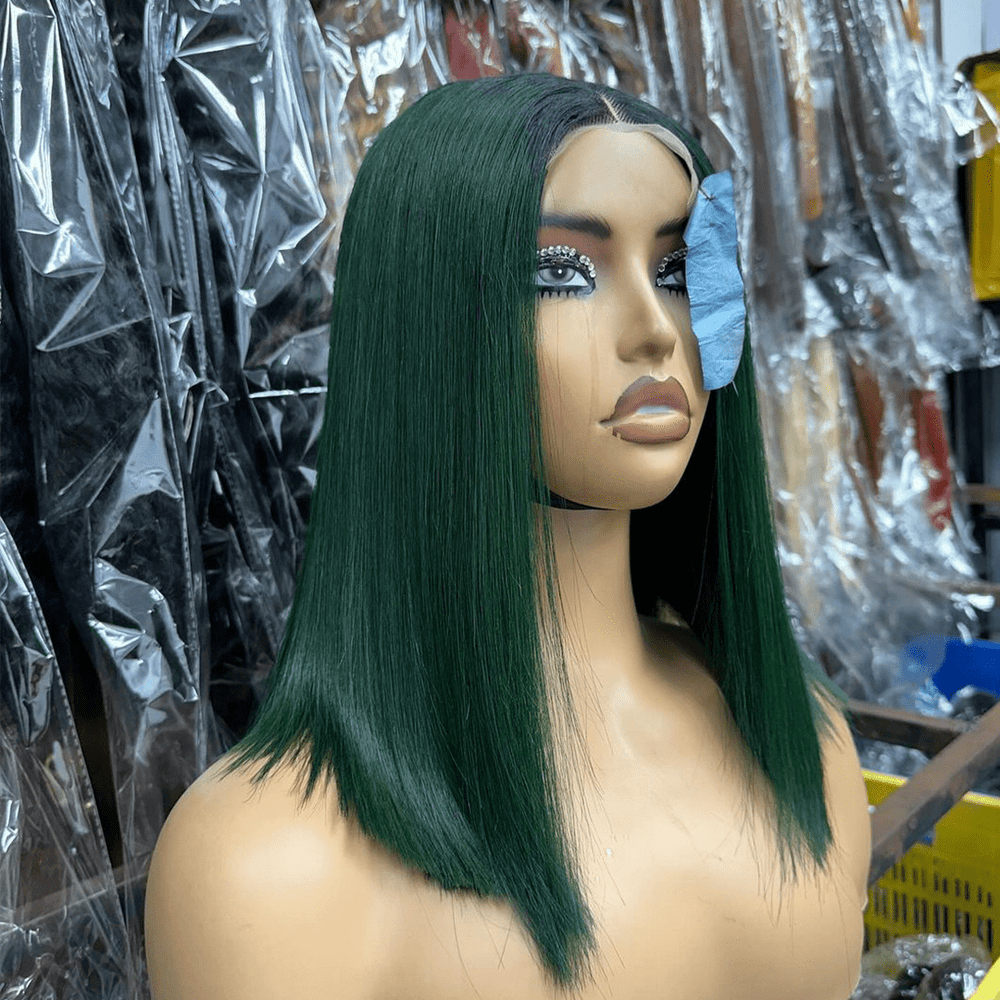 La mode AILUXY 4x4 Lace Frontal Sombre Vert Avec Racine Noire Bob Perruque Lisse Courte Perruque 200% Densité 100% Cheveux Humains