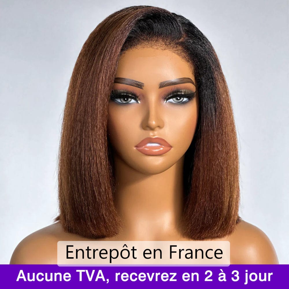 Sans colle AILUXY 1bT4 13x4 Lace Frontal Kinky Lisse Noir Bob Perruque 200% Densité 100% Cheveux Humains comme sur la vidéo 2 - 3 jours reçus+Un beau cadeau