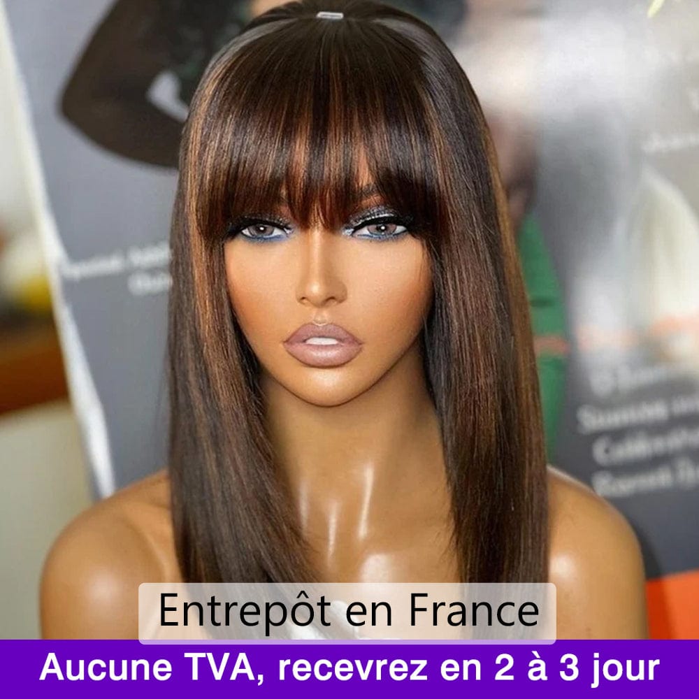 AILUXY  Lisse Bob Perruque Avec Frange 100% Cheveux Humains