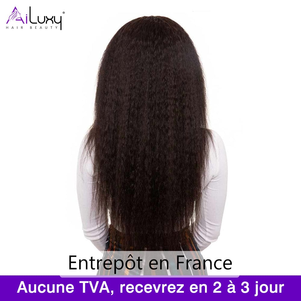 （En france）AILUXY 4x4 Lace Frontal 200%densité Perruque Kinky Lisse Perruque Longue Noir 100% Cheveux Humains comme sur la vidéo 2 - 3 jours reçus+Un beau cadeau