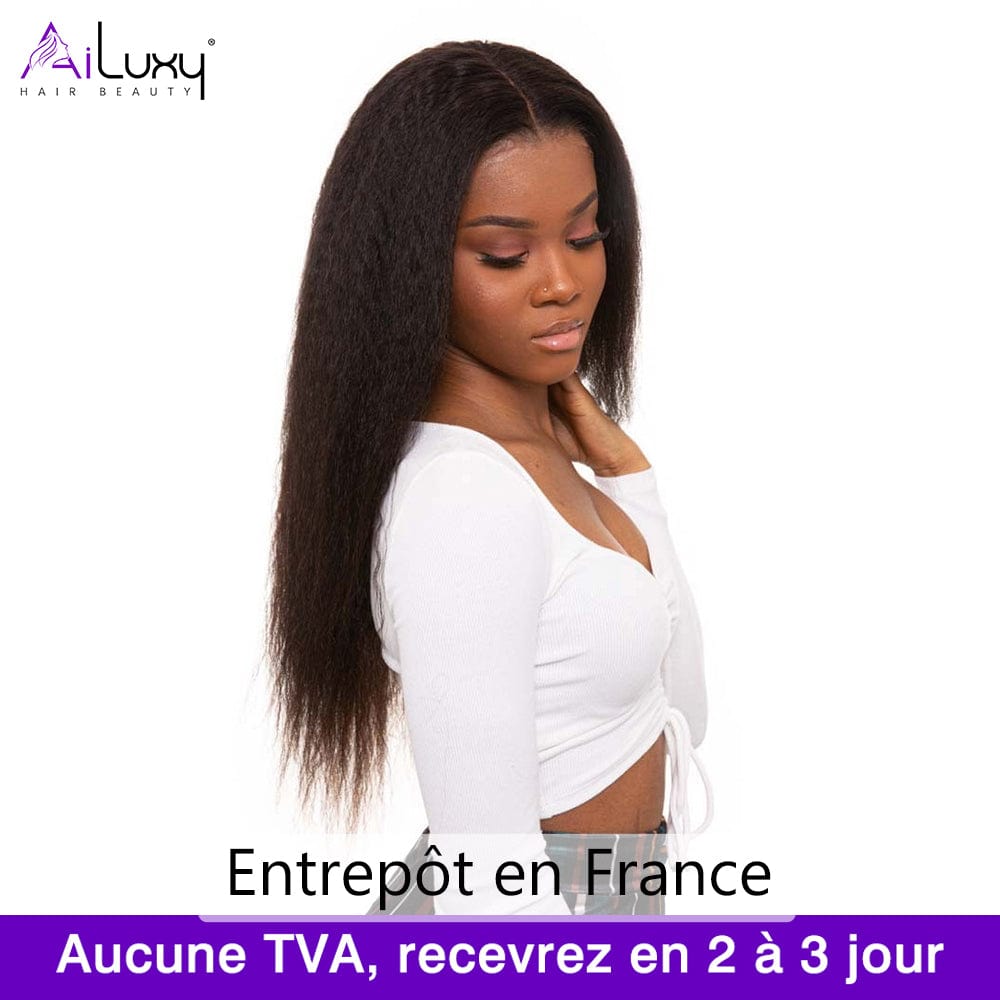 （En france）AILUXY 4x4 Lace Frontal 200%densité Perruque Kinky Lisse Perruque Longue Noir 100% Cheveux Humains comme sur la vidéo 2 - 3 jours reçus+Un beau cadeau